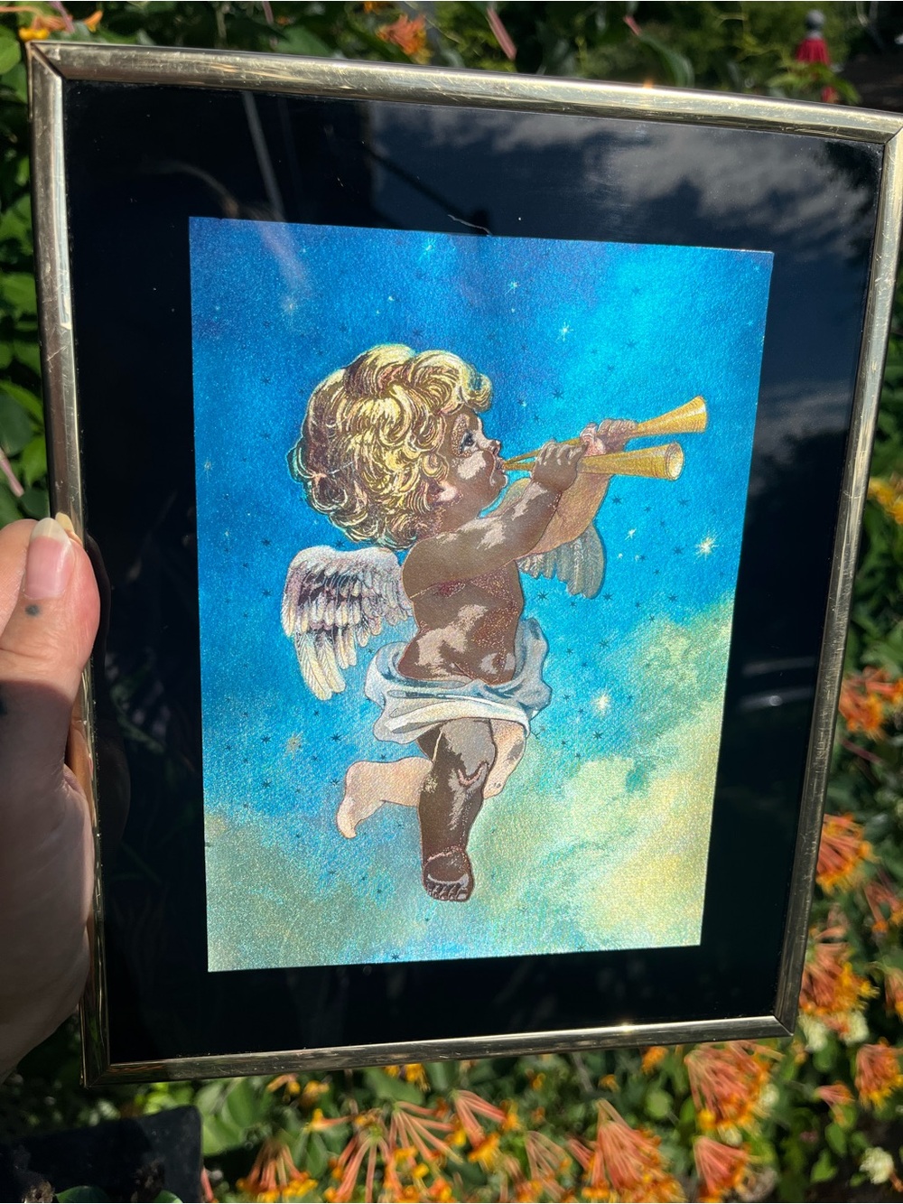 Vintage 1990s Holographic Cherub Angel Wall Foil Art Framed Heavenly Victorian - Picture 7 of 10